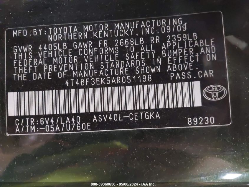 2010 Toyota Camry Xle VIN: 4T4BF3EK5AR051198 Lot: 39360650