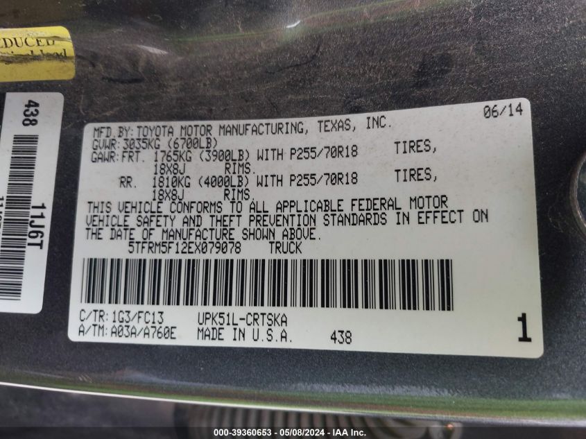 5TFRM5F12EX079078 2014 Toyota Tundra Sr5 4.6L V8