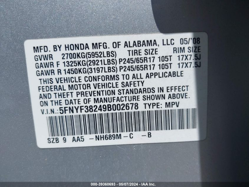 2009 Honda Pilot Lx VIN: 5FNYF38249B002678 Lot: 39360693