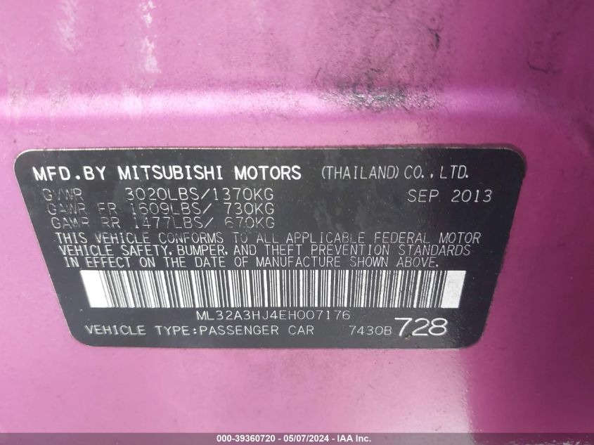 2014 Mitsubishi Mirage De VIN: ML32A3HJ4EH007176 Lot: 39360720