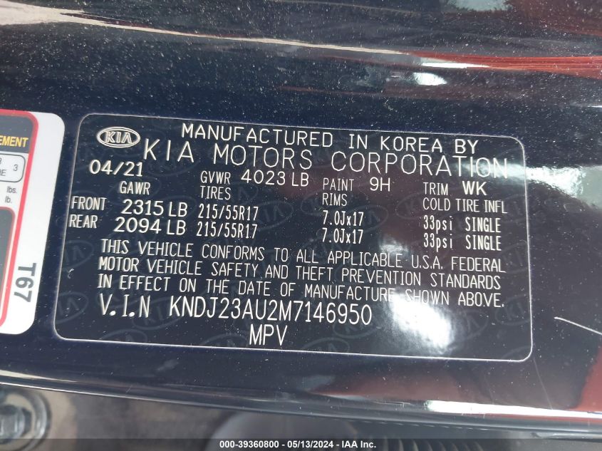 2021 Kia Soul S VIN: KNDJ23AU2M7146950 Lot: 39360800