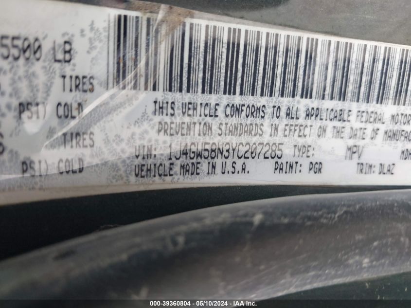 2000 Jeep Grand Cherokee Limited VIN: 1J4GW58N3YC207285 Lot: 39360804