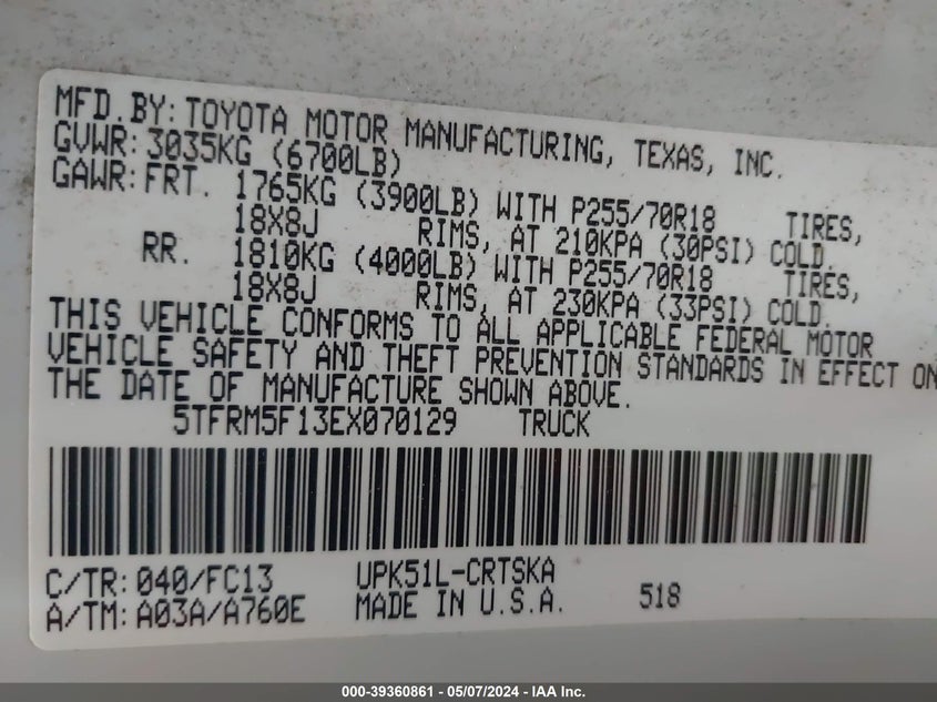 2014 Toyota Tundra Sr5 4.6L V8 VIN: 5TFRM5F13EX070129 Lot: 39360861