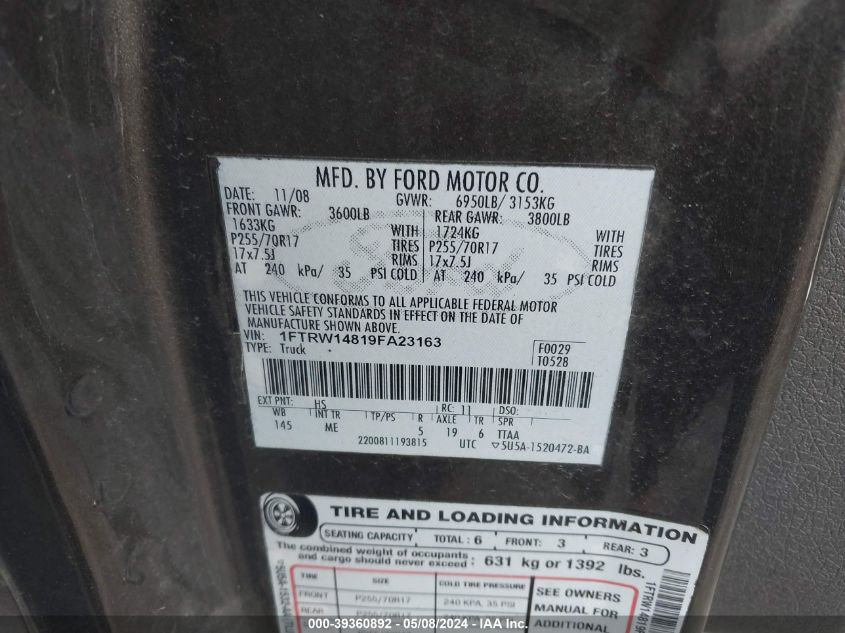 2009 Ford F-150 Xl/Xlt VIN: 1FTRW14819FA23163 Lot: 39360892