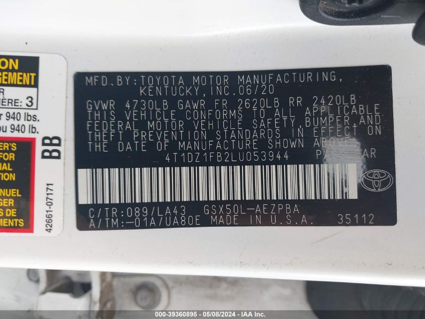 2020 Toyota Avalon Limited VIN: 4T1DZ1FB2LU053944 Lot: 39360895