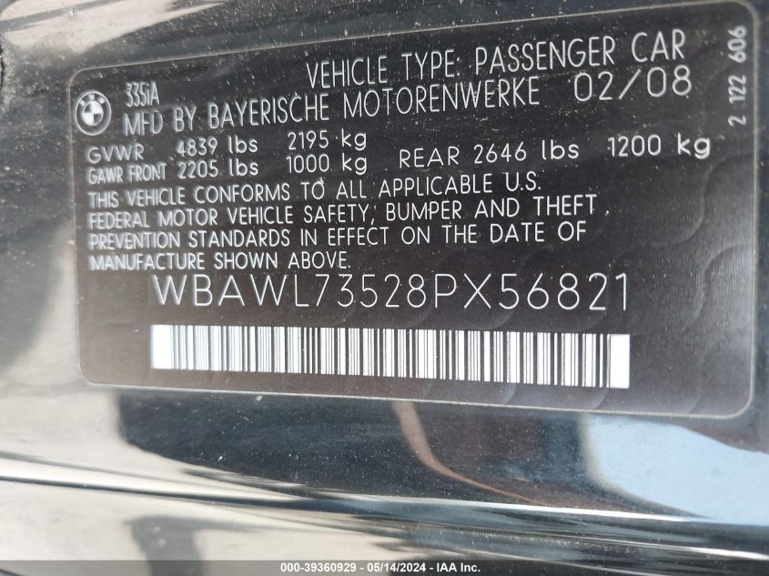 2008 BMW 335I VIN: WBAWL73528PX56821 Lot: 39360929