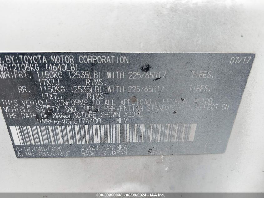 2017 TOYOTA RAV4 XLE - JTMRFREV0HJ174400