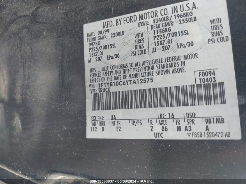 2000 Ford Ranger Xl/Xlt VIN: 1FTYR10C6YTA12575 Lot: 39360937