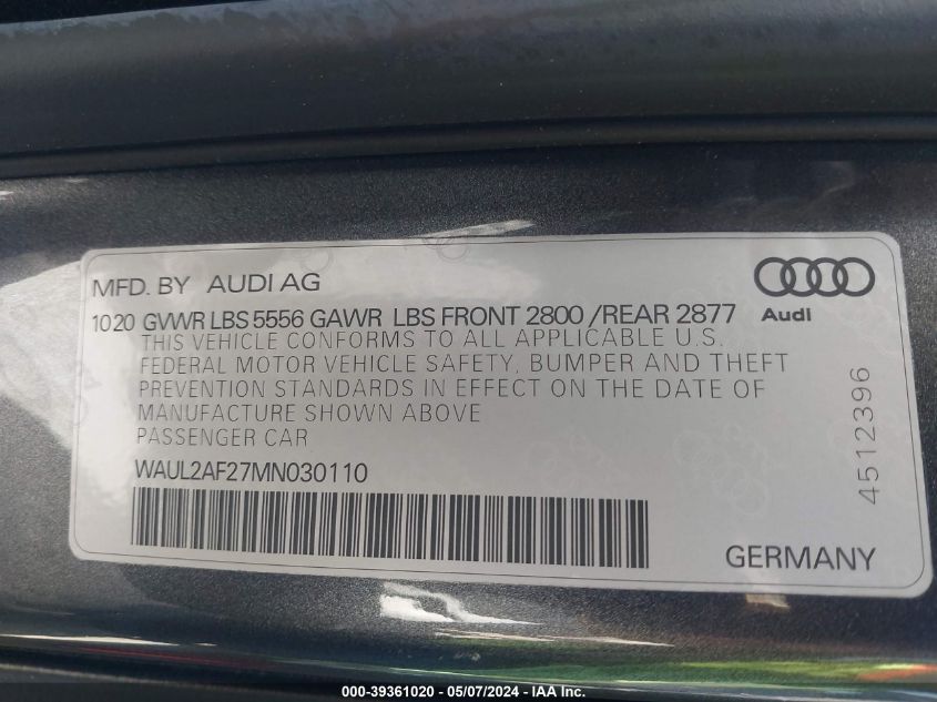 2021 Audi A6 Premium Plus 55 Tfsi Quattro S Tronic VIN: WAUL2AF27MN030110 Lot: 39361020