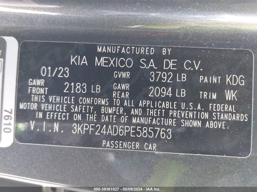 2023 Kia Forte Lxs VIN: 3KPF24AD6PE585763 Lot: 39361027