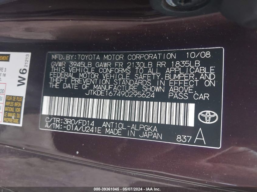 2009 Scion Tc VIN: JTKDE167490295624 Lot: 39361045