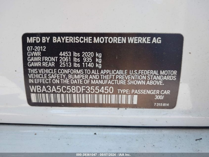 2013 BMW 328I VIN: WBA3A5C58DF355450 Lot: 39361047