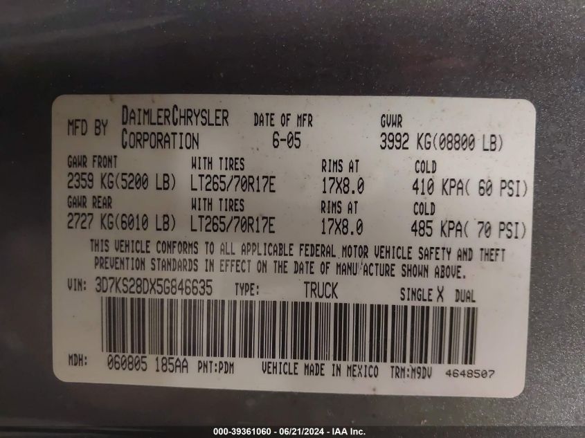 2005 Dodge Ram 2500 Slt/Laramie VIN: 3D7KS28DX5G846635 Lot: 39361060