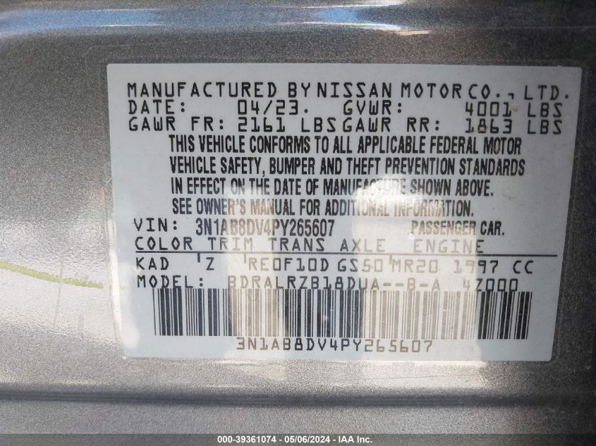 2023 Nissan Sentra Sr Xtronic Cvt VIN: 3N1AB8DV4PY265607 Lot: 39361074