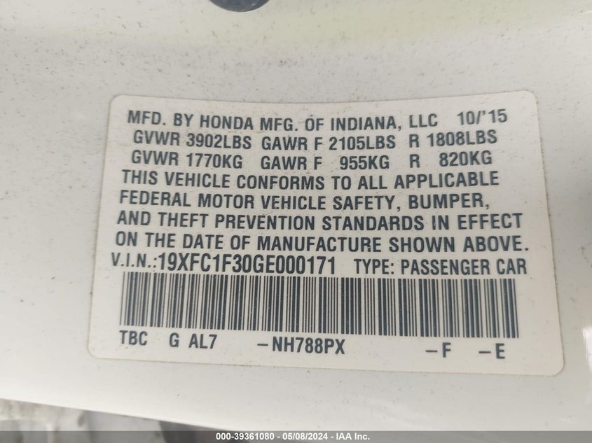 2016 HONDA CIVIC EX-T - 19XFC1F30GE000171