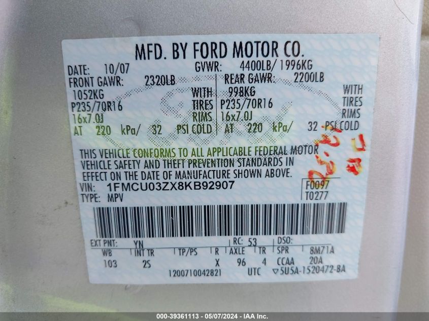 2008 Ford Escape Xlt VIN: 1FMCU03ZX8KB92907 Lot: 39361113