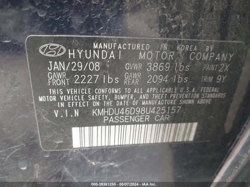 2008 Hyundai Elantra Gls/Se VIN: KMHDU46D98U425157 Lot: 39361255