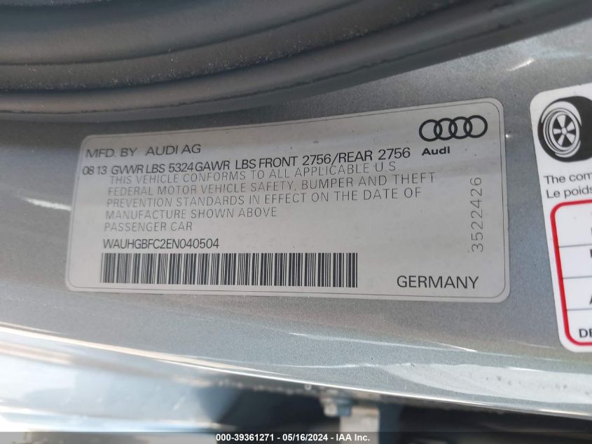 2014 Audi A6 3.0T Premium Plus VIN: WAUHGBFC2EN040504 Lot: 39361271