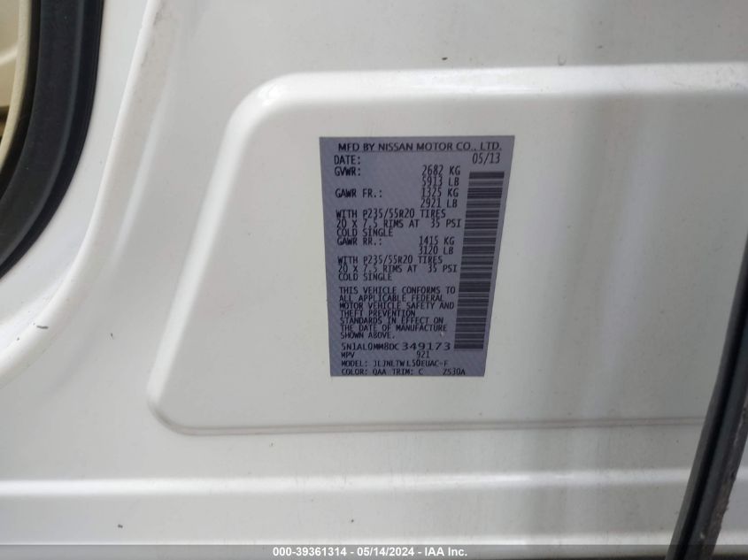 2013 Infiniti Jx35 VIN: 5N1AL0MM8DC349173 Lot: 39361314