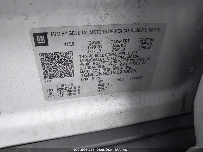 2019 CHEVROLET TRAX LS - 3GNCJNSB1KL228625