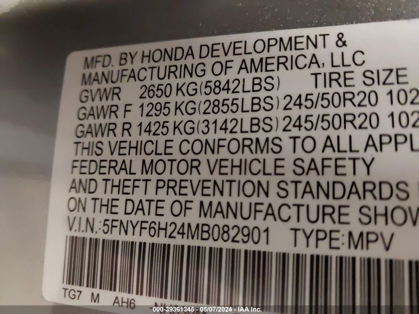 2021 Honda Pilot Awd Special Edition VIN: 5FNYF6H24MB082901 Lot: 39361345