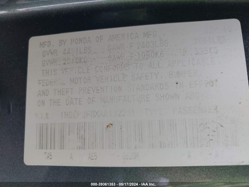 2010 Honda Accord 2.4 Ex-L VIN: 1HGCP2F8XAA132231 Lot: 39361353