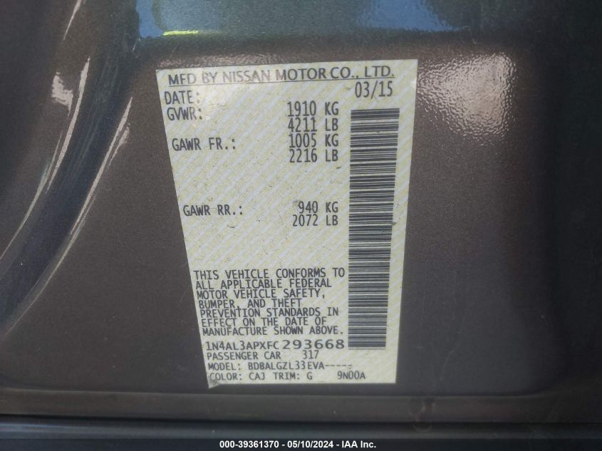 2015 Nissan Altima 2.5 S VIN: 1N4AL3APXFC293668 Lot: 39361370