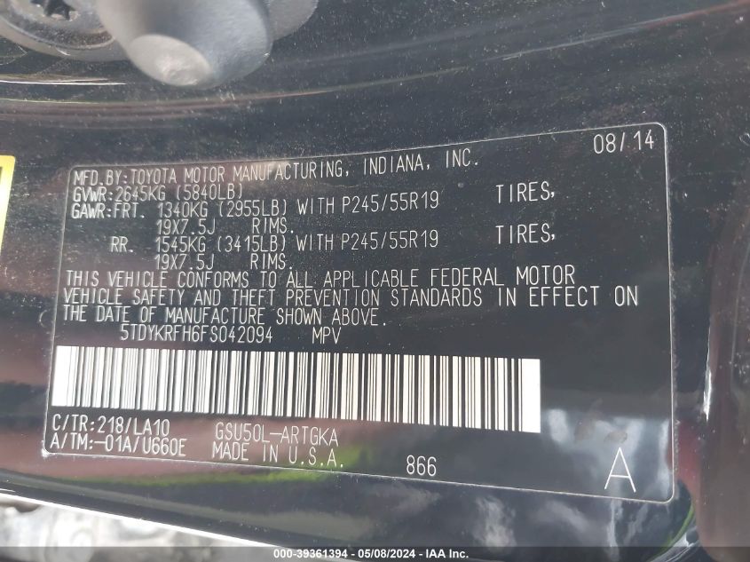 2015 Toyota Highlander Limited Platinum V6 VIN: 5TDYKRFH6FS042094 Lot: 39361394