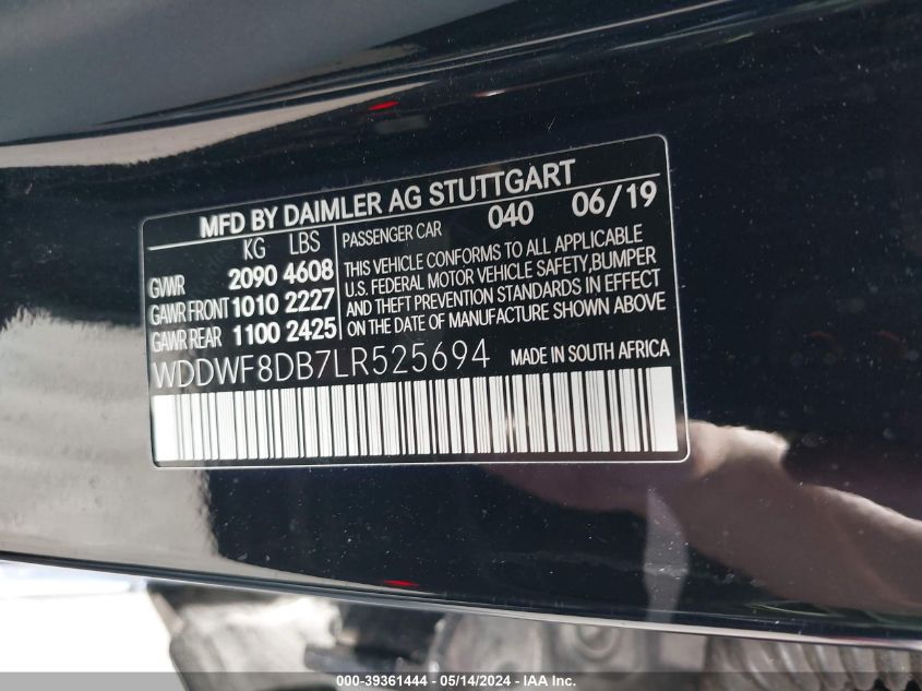 2020 Mercedes-Benz C 300 VIN: WDDWF8DB7LR525694 Lot: 39361444