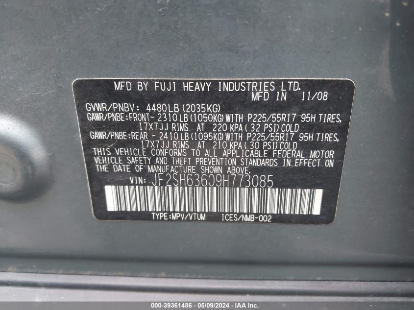 2009 Subaru Forester 2.5X VIN: JF2SH63609H773085 Lot: 39361486