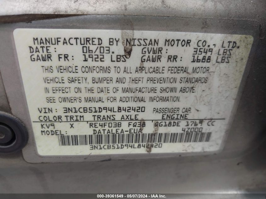 2004 Nissan Sentra 1.8S VIN: 3N1CB51D94L842420 Lot: 39361549