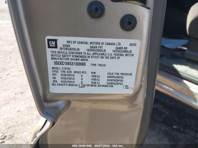 2003 Chevrolet Silverado 1500 Ls VIN: 2GCEC19X531393666 Lot: 43152960