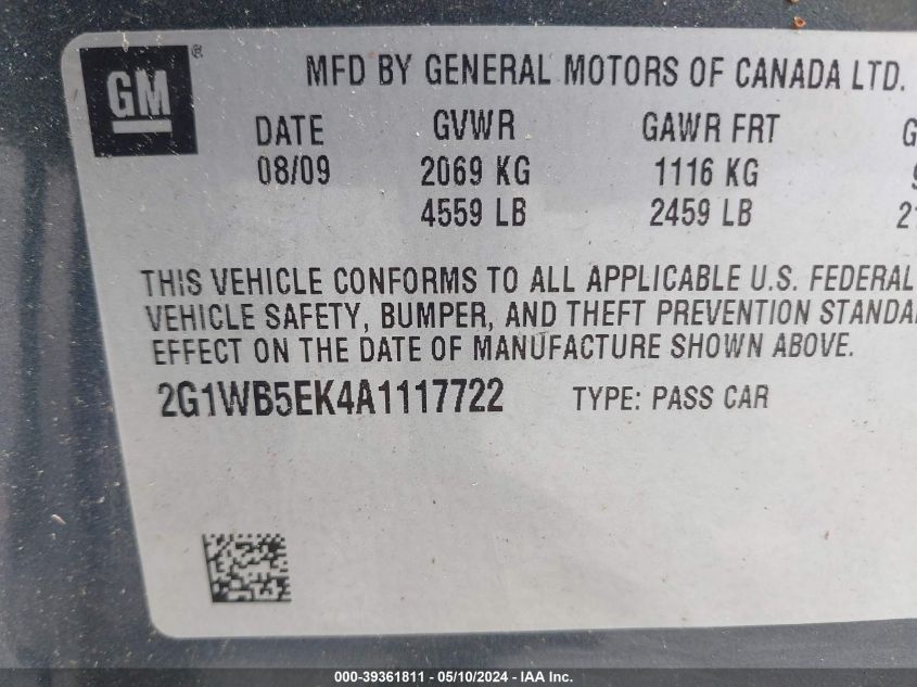 2010 Chevrolet Impala Lt VIN: 2G1WB5EK4A1117722 Lot: 39361811