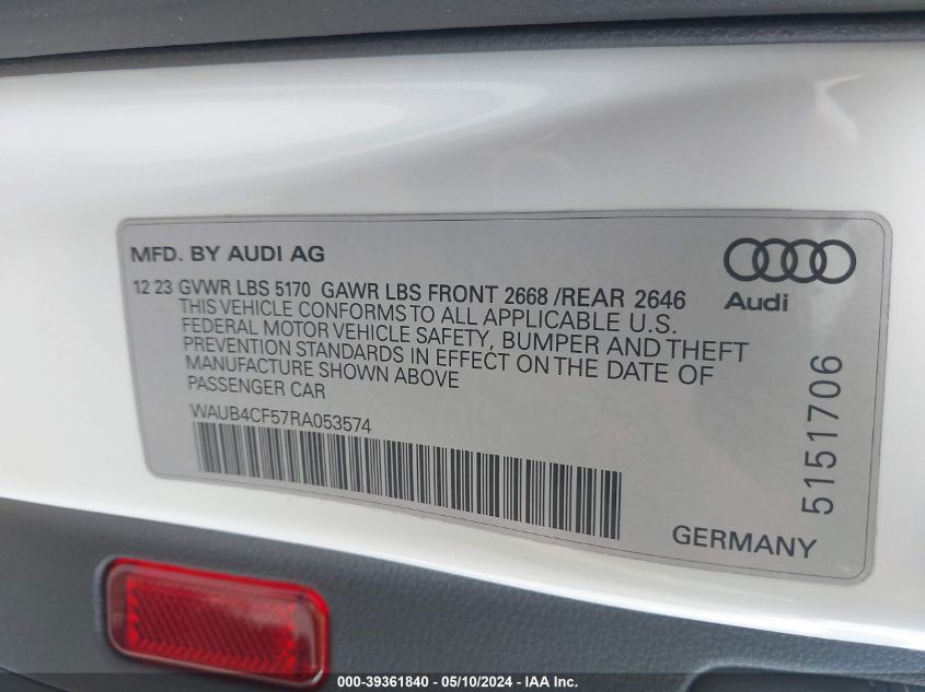 2024 Audi S5 Sportback Prestige Tfsi Quattro Tiptronic VIN: WAUB4CF57RA053574 Lot: 39361840