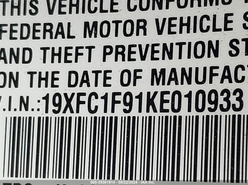 2019 Honda Civic Touring VIN: 19XFC1F91KE010933 Lot: 39361914