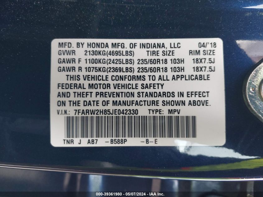 2018 Honda Cr-V Ex-L/Ex-L Navi VIN: 7FARW2H85JE042330 Lot: 39361980