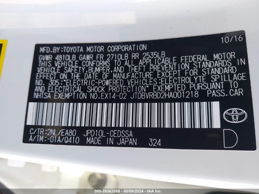 2017 Toyota Mirai VIN: JTDBVRBD2HA001218 Lot: 39362088