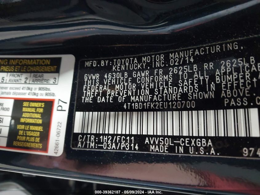 2014 TOYOTA CAMRY HYBRID HYBRID/LE/XLE - 4T1BD1FK2EU120700