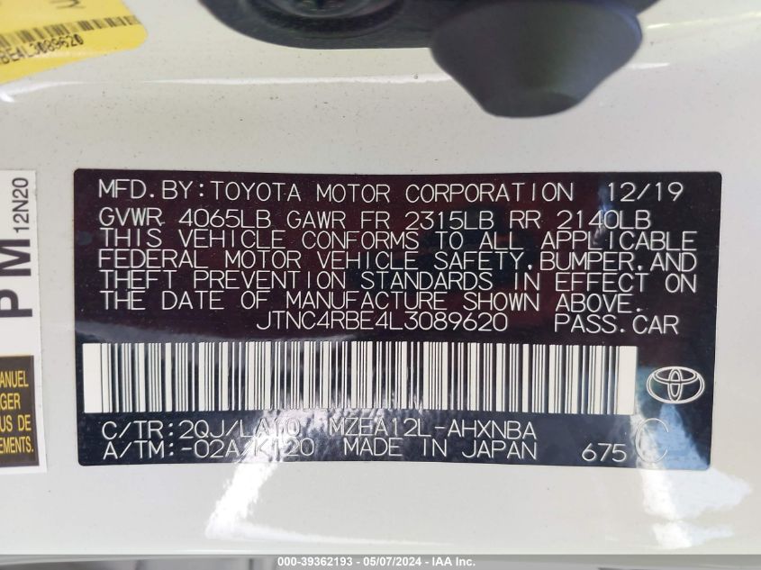 2020 Toyota Corolla Xse VIN: JTNC4RBE4L3089620 Lot: 39362193