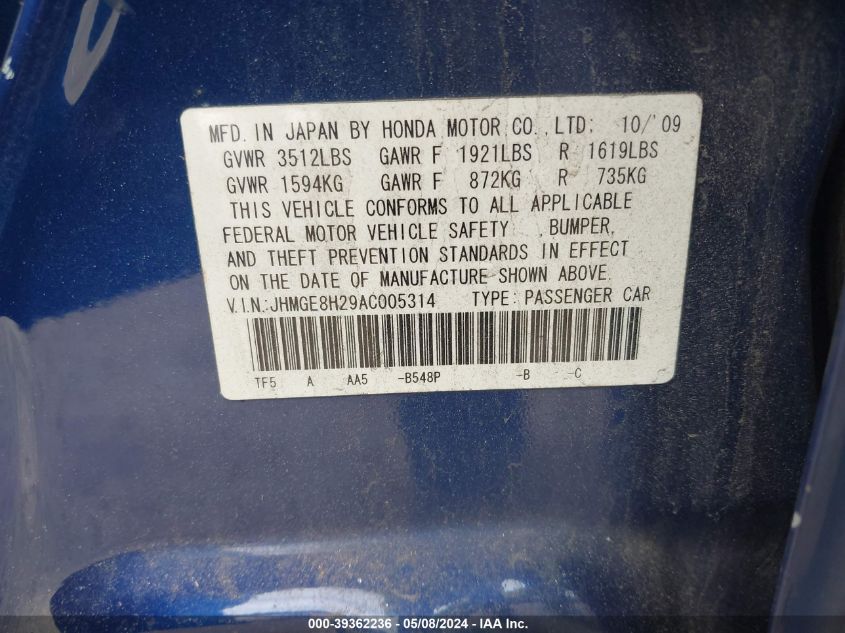 2010 Honda Fit VIN: JHMGE8H29AC005314 Lot: 39362236