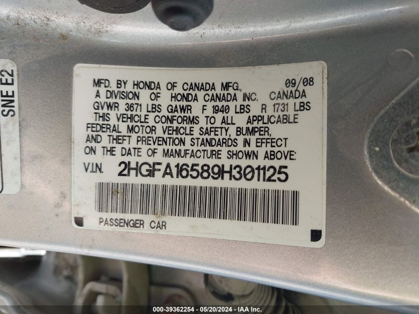 2009 Honda Civic Lx VIN: 2HGFA16589H301125 Lot: 39362254