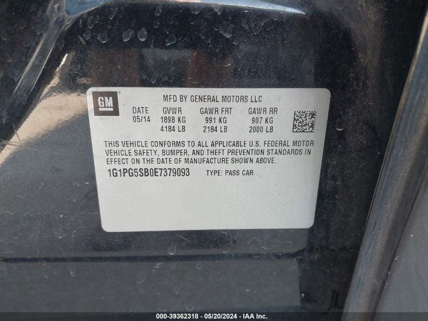 2014 Chevrolet Cruze Ltz VIN: 1G1PG5SB0E7379093 Lot: 39362318