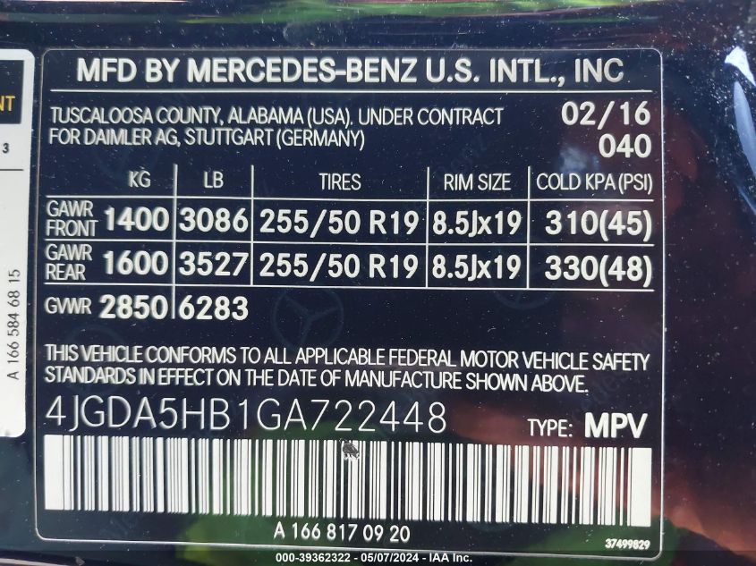 2016 Mercedes-Benz Gle 350 4Matic VIN: 4JGDA5HB1GA722448 Lot: 39362322