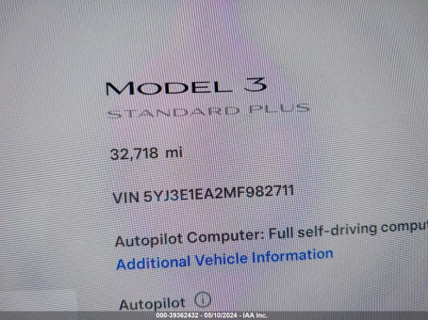 2021 Tesla Model 3 Standard Range Plus Rear-Wheel Drive VIN: 5YJ3E1EA2MF982711 Lot: 39362432