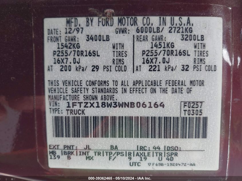 1998 Ford F-150 Lariat/Standard/Xl/Xlt VIN: 1FTZX18W3WNB06164 Lot: 39362465