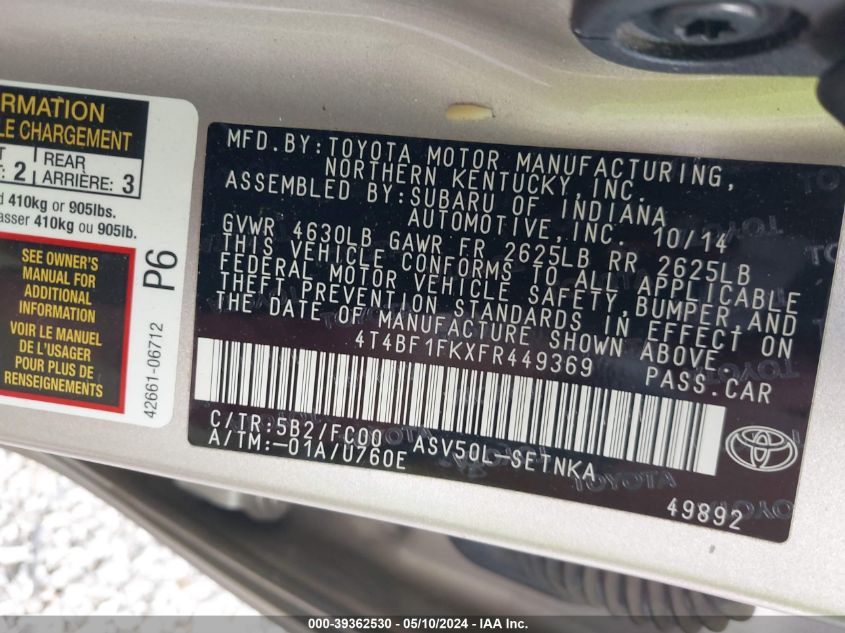 2015 Toyota Camry Le VIN: 4T4BF1FKXFR449369 Lot: 39362530