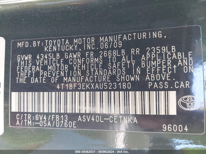 2010 Toyota Camry Le VIN: 4T1BF3EKXAU523180 Lot: 39362531