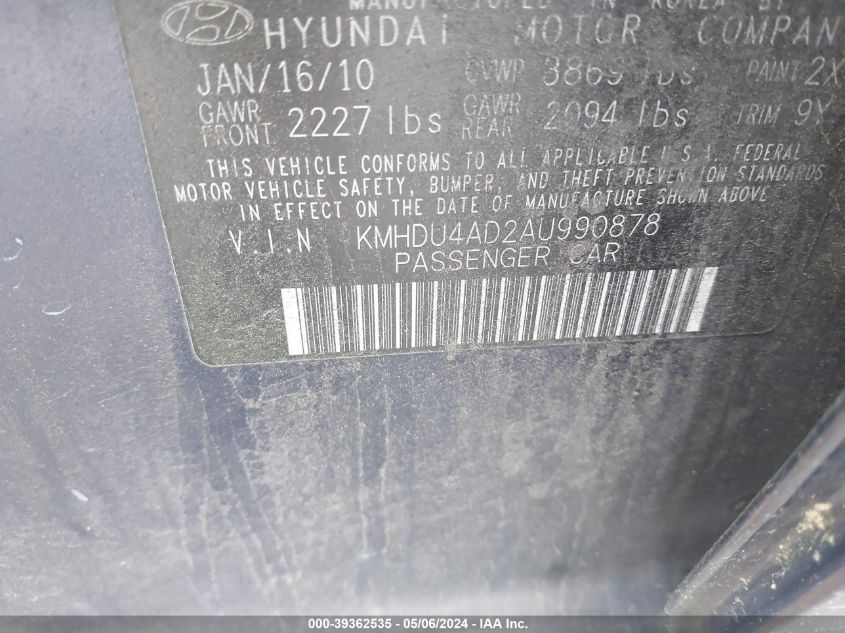 KMHDU4AD2AU990878 | 2010 HYUNDAI ELANTRA