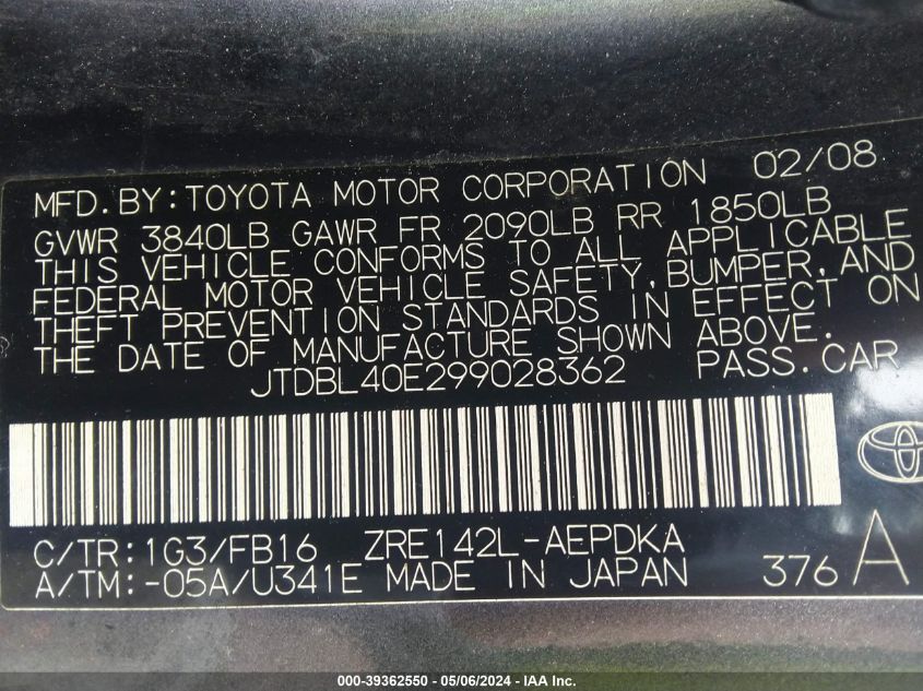 JTDBL40E299028362 | 2009 TOYOTA COROLLA