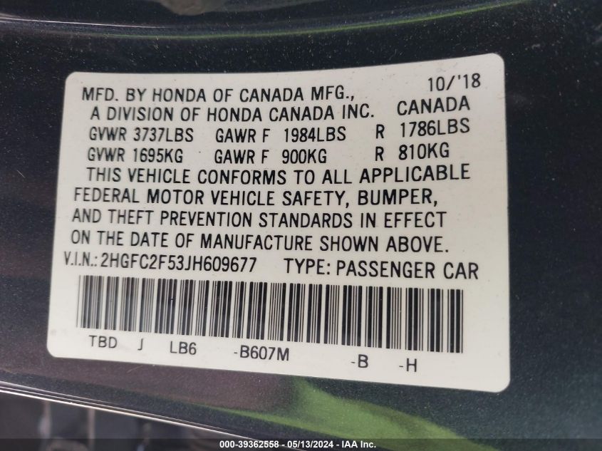 2018 Honda Civic Lx VIN: 2HGFC2F53JH609677 Lot: 39362558